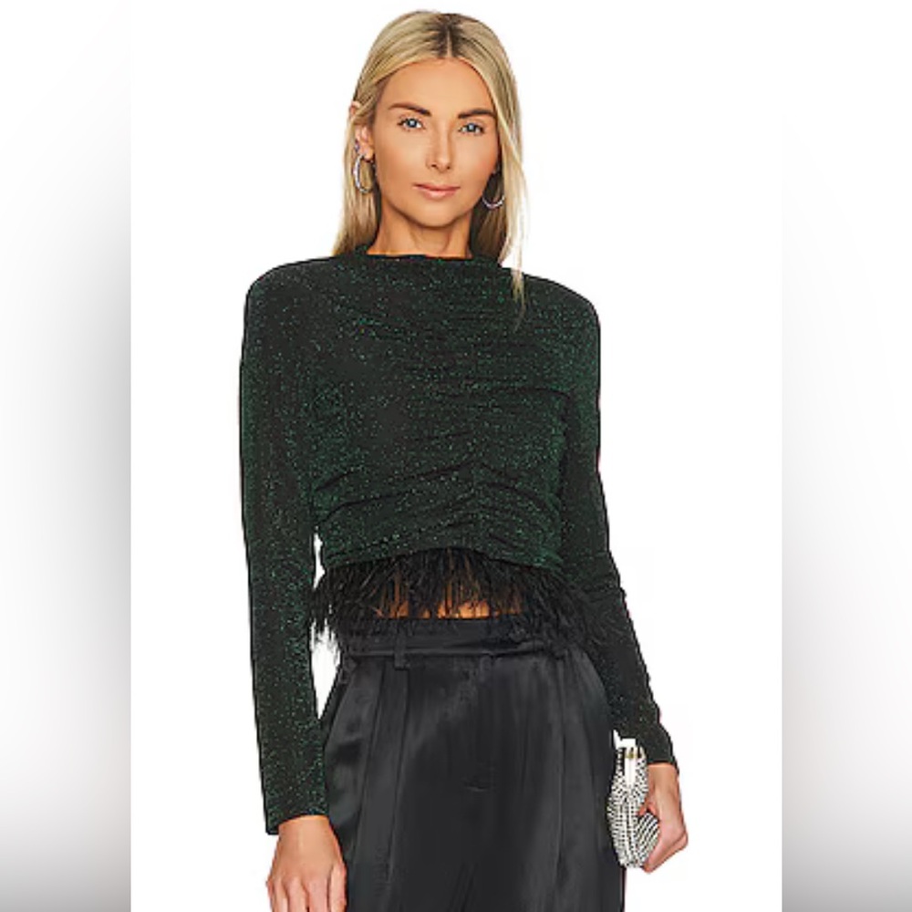 SAYLOR Amiri Emerald Green Ruched Top with Feather Trim